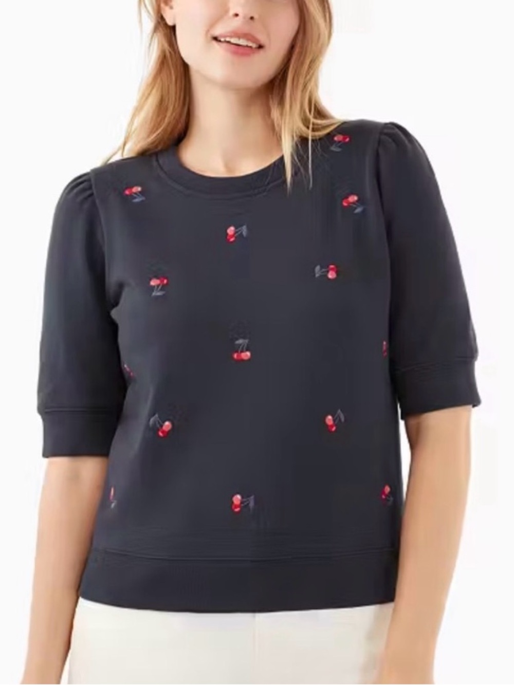NWT Kate Spade NY Cherry Embroidered Pullover Puff Sleeve Sweatshirt WM Medium